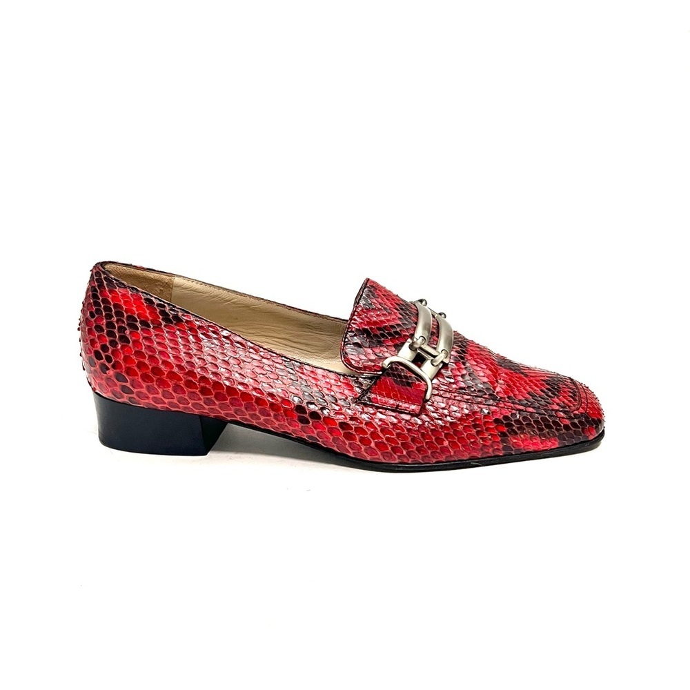 Vintage 1990s red and black snakeskin leather heeled horsebit loafers